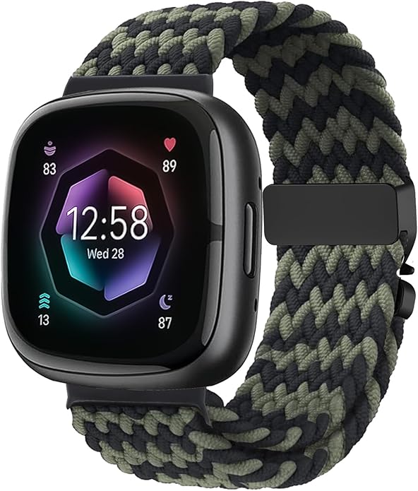 Braided Stretchy Band for Fitbit Versa 4/Versa 3/Sense 2/Sense Watch Band Women Men,Parachute-style Buckle Nylon Sport Wristband Soft Fabric Elastic Loop Strap Accessories for Versa 4/3