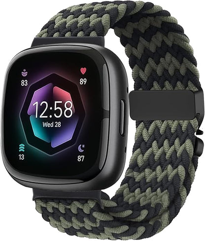 Braided Stretchy Band for Fitbit Versa 4/Versa 3/Sense 2/Sense Watch Band Women Men,Parachute-style Buckle Nylon Sport Wristband Soft Fabric Elastic Loop Strap Accessories for Versa 4/3