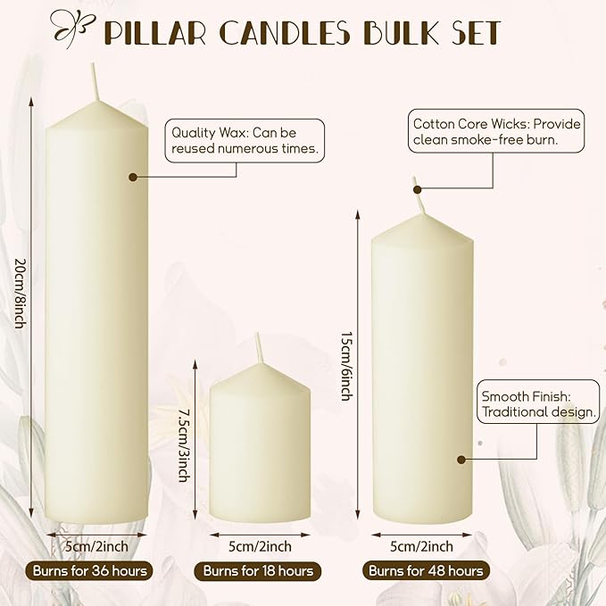 36PC Lvory Pillar Candles Bulk 2 in x 3, 6, 8 Inch Long Burning Wax Pillar Candles Unscented Smokeless Dripless for Wedding Centerpieces Spa Lantern Fireplace Home Festival Fall Party Decor