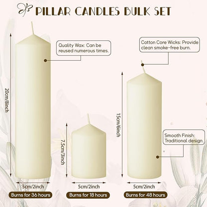 36PC Lvory Pillar Candles Bulk 2 in x 3, 6, 8 Inch Long Burning Wax Pillar Candles Unscented Smokeless Dripless for Wedding Centerpieces Spa Lantern Fireplace Home Festival Fall Party Decor