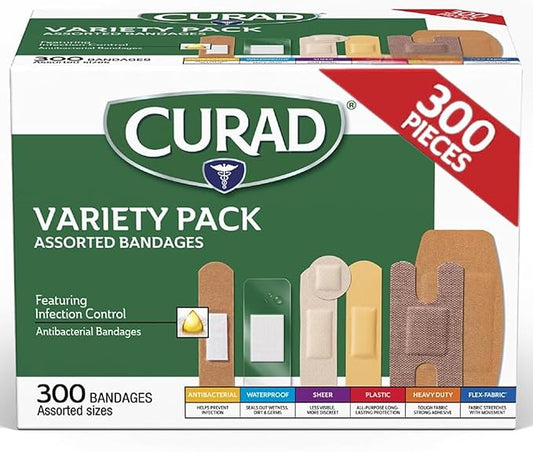 CURAD Assorted Bandages Variety Pack, 300 Count, 6 Styles Including Antibacterial, Waterproof, Sheer, Plastic, Heavy Duty & Flex-Fabric, Protects Scrapes, Cuts & Burns, Latex-Free