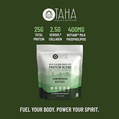 Taha Health & Nutrition Mind + Body Protein Blend ??Natural, Unflavored | 25g Protein from Whey & Collagen + 400mg Milk Phospholipids | Grass-Fed, Free-Range New Zealand Dairy | 2LB