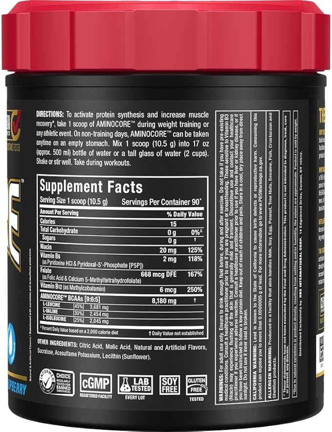 ALLMAX Nutrition AMINOCORE BCAA, Blue Raspberry - 945 g Powder - 8.18 Grams of Branched Chain Amin Acids Per Serving - with B Vitamins - No Fillers or Non-BCAA Aminos - Sugar Free - 90 Servings