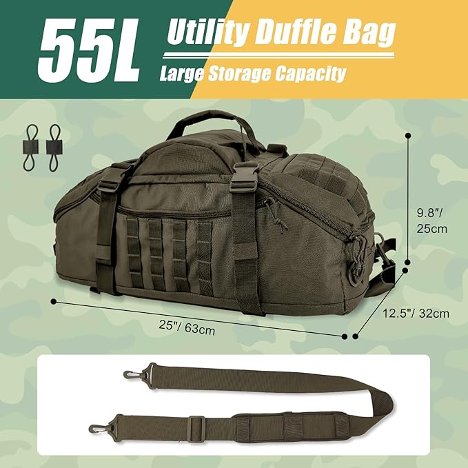 55L Large Travel Gym Duffle Bag Military Tactical Backpack, Army Pack 3 Day Bug Out Bag Rucksack for Outdoor Sport Hiking Camping with Molle System, Olive