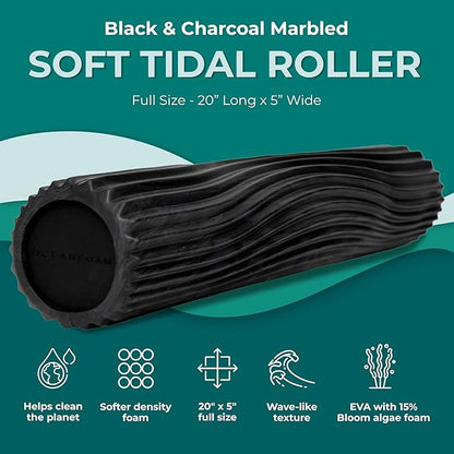 Oceanfoam Soft Tidal Roller (Black & Charcoal Marbled) - Low Density Foam Roller for Physical Therapy, Back Pain, Exercise & Stretching - Wave Textured - Yoga & Wellness - Full Size, 20" x 5"