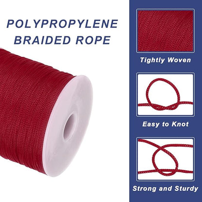 MECCANIXITY 1/16 Inch Polypropylene Rope Braided Ropes, 328ft Nylon Rope Hollow Utility Cord for Clothesline, Camping, Hiking, Outdoor, Wine Red