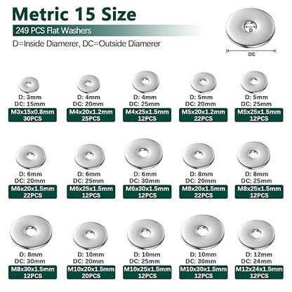 Fender Washers, 520 Pcs SAE + Metric 23 Sizes Flat Washers Assortment Set, 304 Stainless Steel Assorted Hardware Washers Kit for Bolts (M3 M4 M5 M6 M8 M10 M12 6# 8# 10# 1/4 5/16 3/8 1/2)