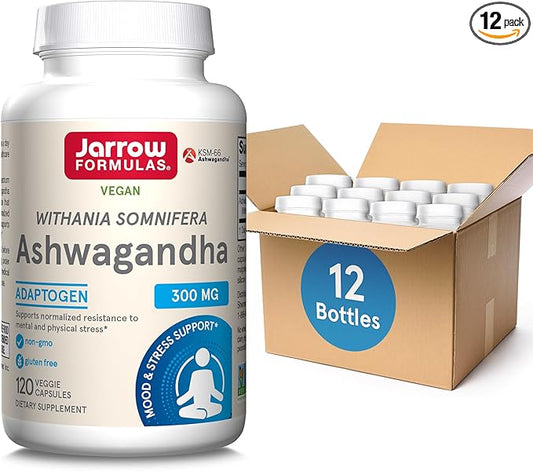 Jarrow Formulas Ashwagandha 300 mg - 120 Veggie Capsules - Overall Health & Resistance to Fatigue - Supplement Supports Endurance, Muscle Recovery & Cognitive Health - 60 Servings (Pack of 12)