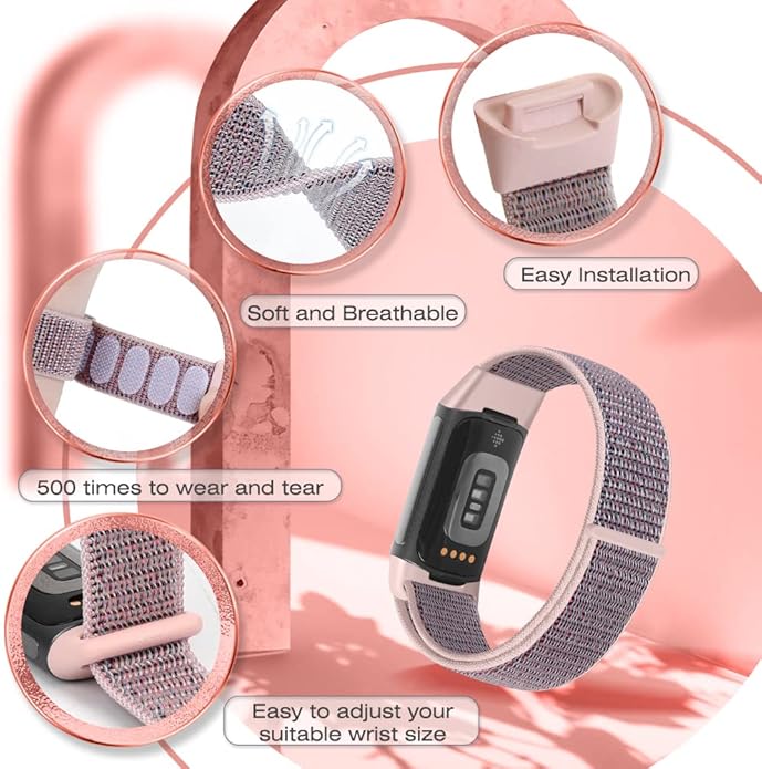 Sport Loop Nylon Watch Bands Compatible with Fitbit Charge 6/5, Adjustable Breathable Replacement Soft Nylon Loop Wristband for Women/Men