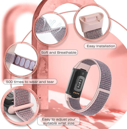 Sport Loop Nylon Watch Bands Compatible with Fitbit Charge 6/5, Adjustable Breathable Replacement Soft Nylon Loop Wristband for Women/Men