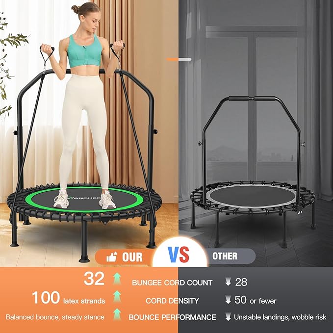 ANCHEER 40" Foldable Mini Trampoline,Max Load 450lbs/550lbs Indoor Trampoline,with 4 Level Adjustable Foam Handle and Resistance Bands,Adult Exercise Trampoline for Home, Garden, and Gym
