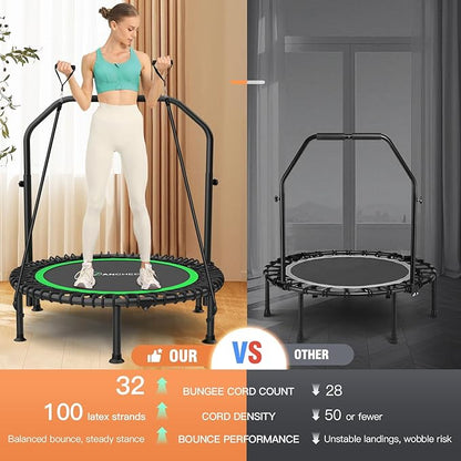 ANCHEER 40" Foldable Mini Trampoline,Max Load 450lbs/550lbs Indoor Trampoline,with 4 Level Adjustable Foam Handle and Resistance Bands,Adult Exercise Trampoline for Home, Garden, and Gym