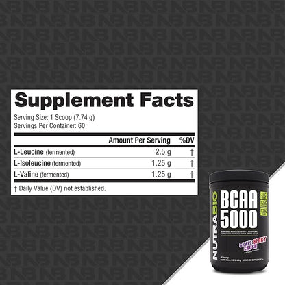 NutraBio BCAA 5000 Powder - Vegan Fermented BCAAs - Supports Lean Muscle Growth, Recovery, Endurance - 60 Servings - Grape Berry Crush