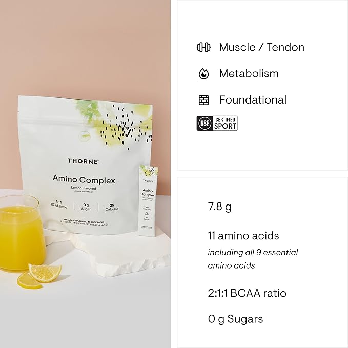 THORNE - Amino Complex - Clinically-Validated EAA and BCAA Powder for Pre or Post-Workout - Promotes Lean Muscle Mass & Energy Production* - NSF Certified for Sport - 30 Servings - 8.25 Oz - Lemon