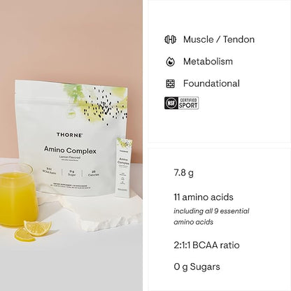 THORNE - Amino Complex - Clinically-Validated EAA and BCAA Powder for Pre or Post-Workout - Promotes Lean Muscle Mass & Energy Production* - NSF Certified for Sport - 30 Servings - 8.25 Oz - Lemon