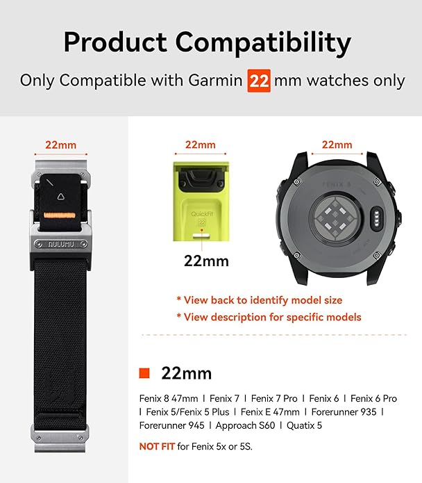 Aulumu C11 for Garmin Watch Band 22MM | Mag Buckle Slim Band | Memory Quick Release | Velvet Nylon Braid | Stainless Steel Magnetic Clasp