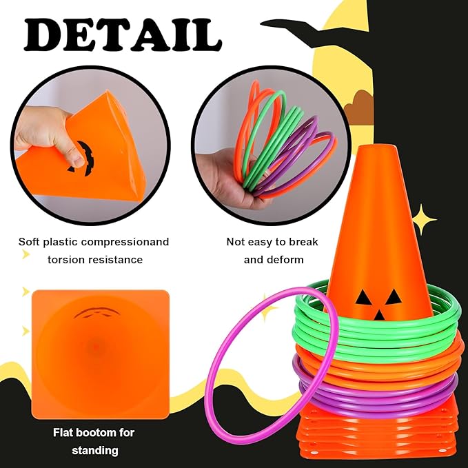 24 PcsHalloween Ring Toss Game Outdoor Carnival Party Games Include 6 Plastic Cones 18 Toss Rings for Halloween Party Games Indoor Outdoor Yard Activities