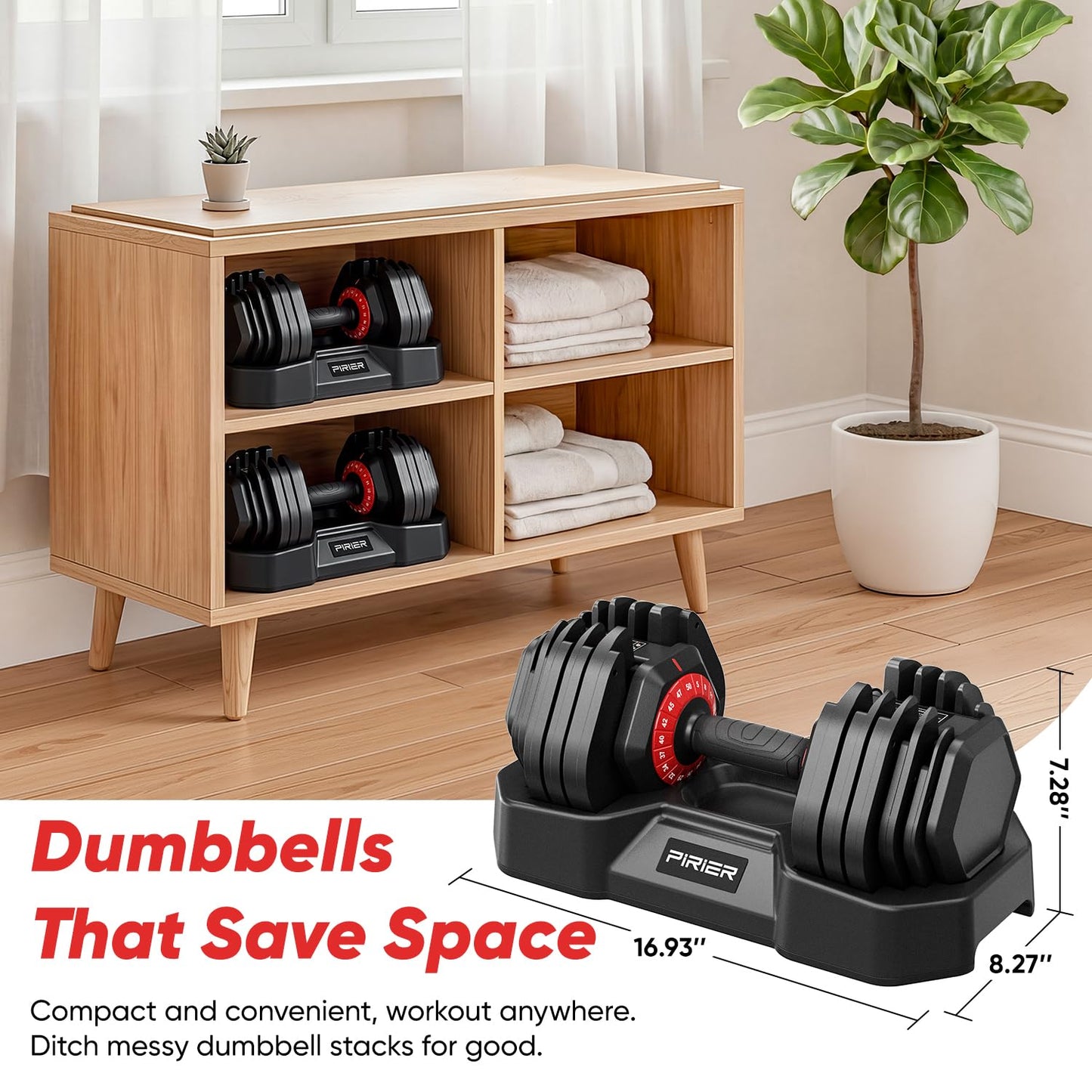 PIRIER Adjustable Dumbbell Set 50LB, 18-in-1 Free Weight Adjustable Dumbbells, One-Hand Twist