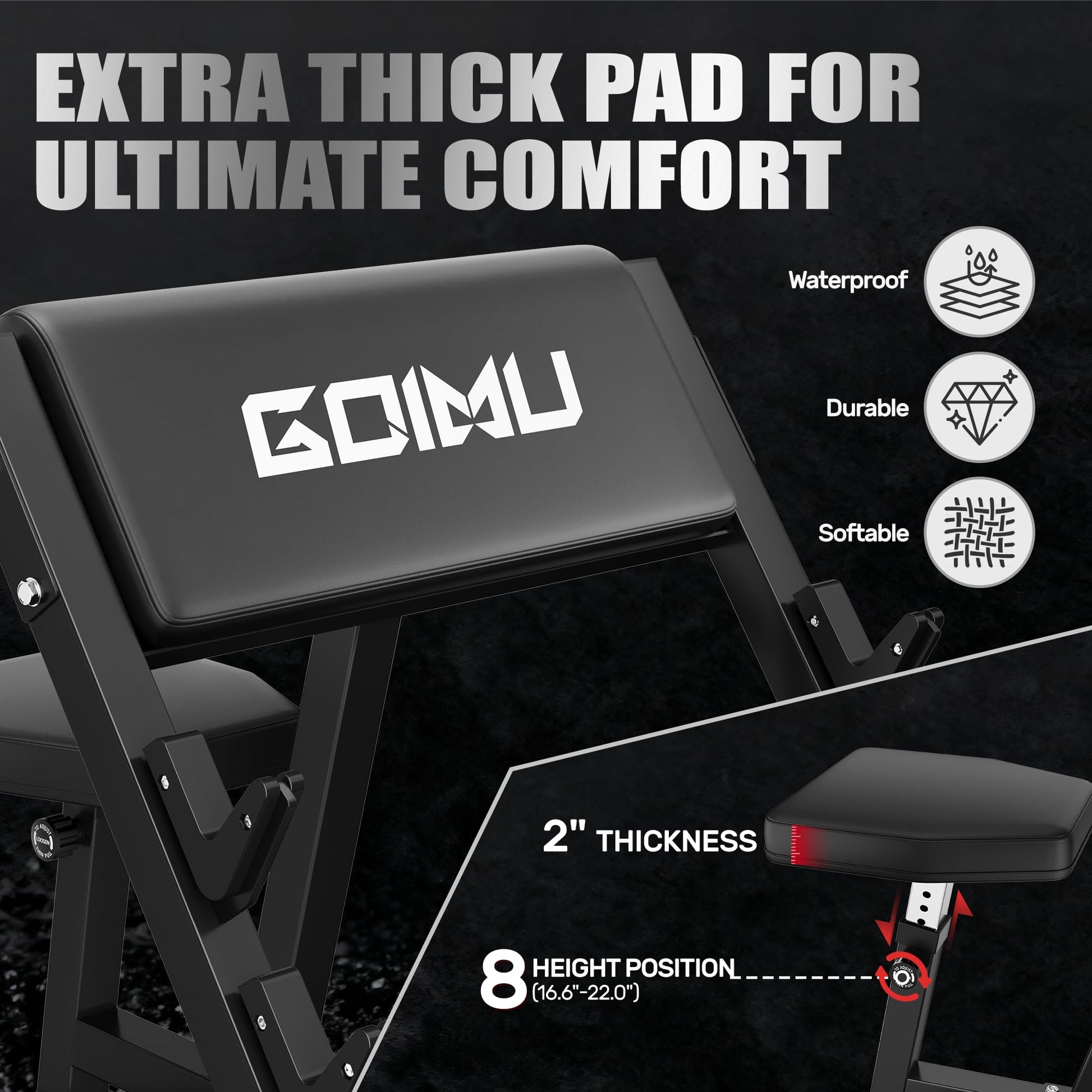 GOIMU PC01 Preacher Curl Bench, Seated Arm Isolated Barbell Dumbbell Bicep Station, Adjustable
