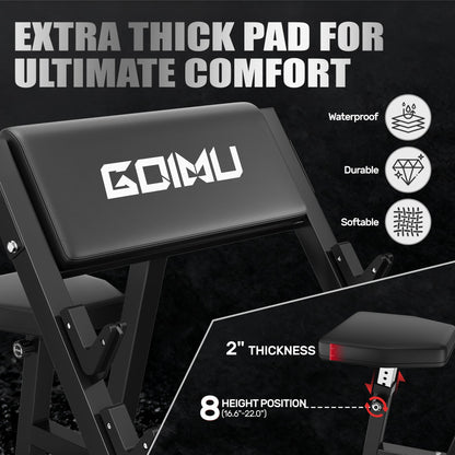 GOIMU PC01 Preacher Curl Bench, Seated Arm Isolated Barbell Dumbbell Bicep Station, Adjustable
