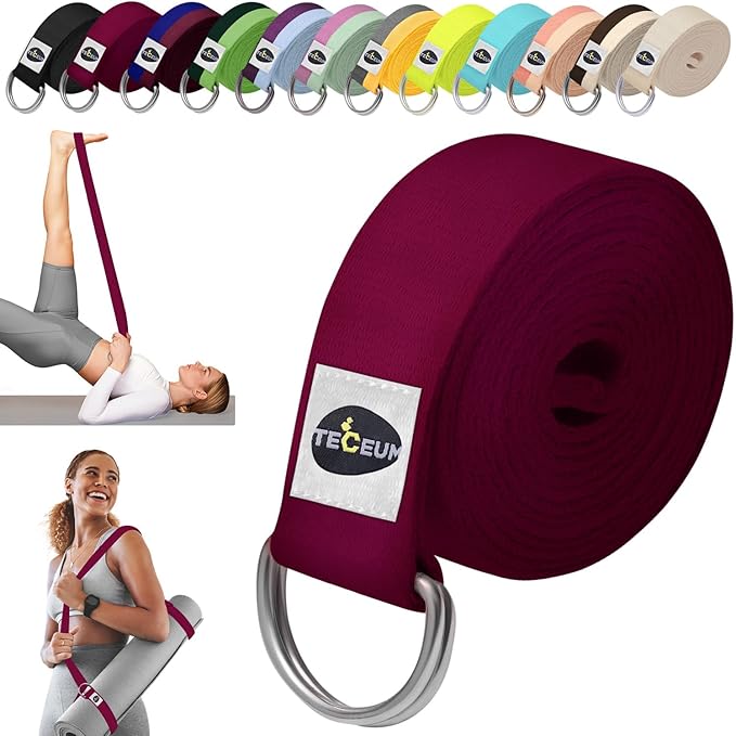 TECEUM Yoga Strap & Mat Strap – 2 IN 1 – Cotton – 6 ft 8 ft 10 ft (30+ colors) – Adjustable Non-Slip Belt for Yoga, Pilates, Stretching, Physical Therapy, Fitness & Home Workout – For Carrying Mats