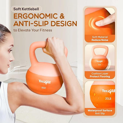 Yes4All Soft Kettlebell, PVC Kettlebells Exercise Weights & Color-Coded Strength Training Kettlebells with 4 Options (5,10,15,20lb), Gentle Hand Weights for Women at Home