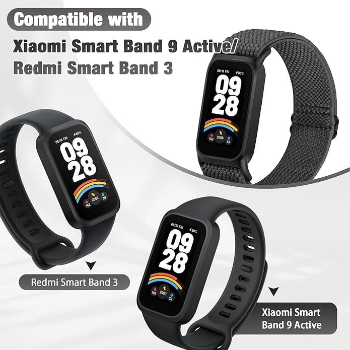 2 Pack Elastic Bands Compatible with Xiaomi Smart Band 9 Active Women Men, Soft Nylon Replacement Sport Wriststrap for Redmi Band 3