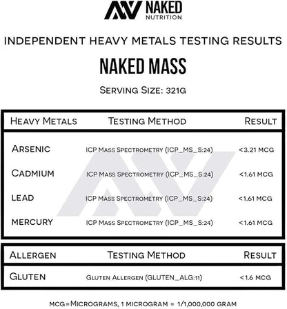 NAKED Mass - Natural Weight Gainer Protein Powder - 8 LB Bulk, GMO Free, Gluten Free & Soy Free. No Artificial Ingredients - 1,250 Calories per Serving