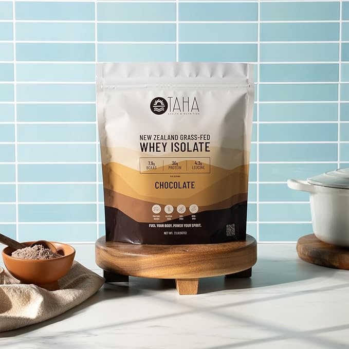 Taha Health & Nutrition Chocolate Whey Protein Isolate Powder, 30g Protein, 7.9g BCAAs, 4.3g Leucine | New Zealand Free-Range, Grass-Fed Dairy | Gluten-Free, Keto, Kosher | 2LB, ~24 Servings