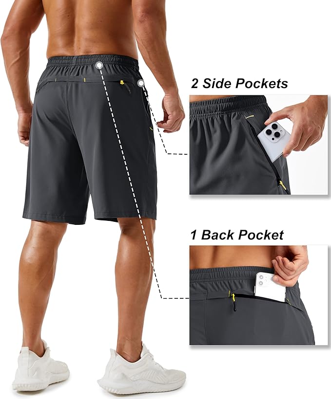 TACVASEN Men's Running Athletic Shorts 9" Quick Dry Workout Gym Shorts Lightweight Summer Shorts 3 Zipper Pockets