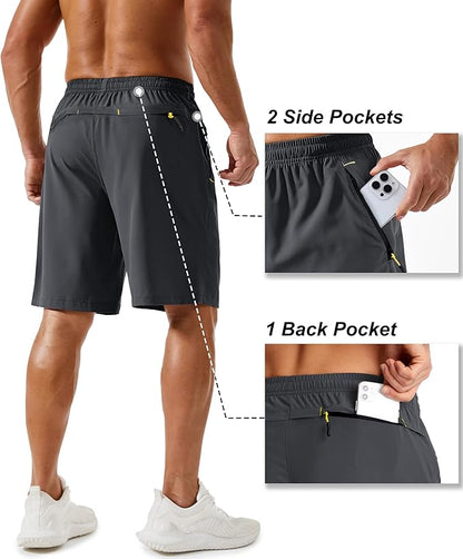 TACVASEN Men's Running Athletic Shorts 9" Quick Dry Workout Gym Shorts Lightweight Summer Shorts 3 Zipper Pockets