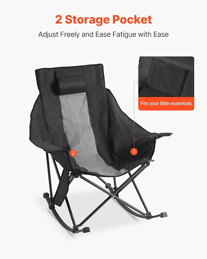 VEVOR Heated Camping Chair, 3 Heating Settings, Large-Sized Padded Folding Rocker, Heavy Duty Outdoor Lawn Chairs with Pocket & Cupholder, Support 225lbs, Portable Heated Chair for Sports Winter Use