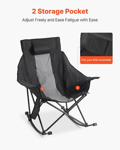 VEVOR Heated Camping Chair, 3 Heating Settings, Large-Sized Padded Folding Rocker, Heavy Duty Outdoor Lawn Chairs with Pocket & Cupholder, Support 225lbs, Portable Heated Chair for Sports Winter Use