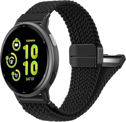 FINTIE Magnetic Braided Band Compatible with Garmin Vivoactive 5/6/Vivoactive 3, Garmin Venu/Venu Sq/Sq 2/Forerunner 55/165/645/245 Music, 20mm Stretchy Nylon Elastic Sport Strap, Black