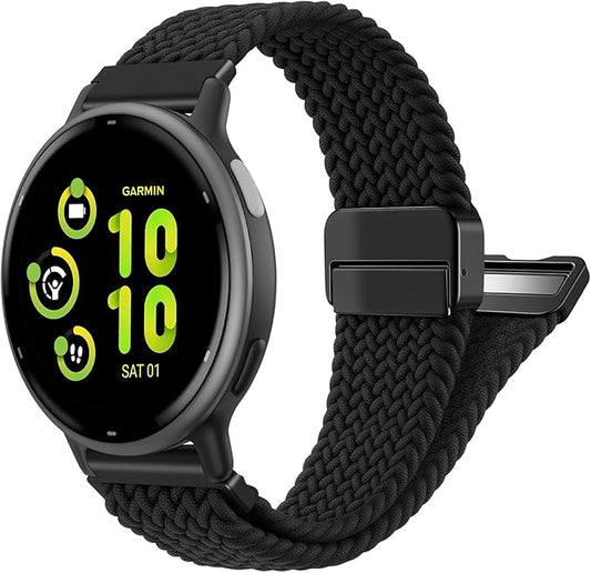 FINTIE Magnetic Braided Band Compatible with Garmin Vivoactive 5/6/Vivoactive 3, Garmin Venu/Venu Sq/Sq 2/Forerunner 55/165/645/245 Music, 20mm Stretchy Nylon Elastic Sport Strap, Black