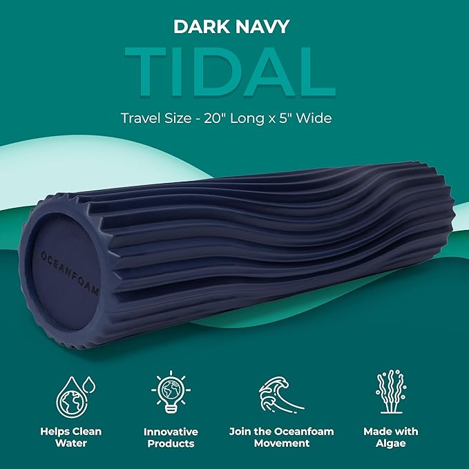Oceanfoam Tidal Roller - Dark Navy - Muscle Massage Foam Roller for Back Pain & Stretching - Firm and Ergonomic Wide Wave Textured - Yoga, Athletics, & Wellness - Full Size, 20" x 5"