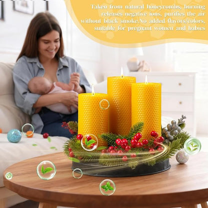 3 Pack Natural Beeswax Pillar Candles,2.8x6in Handmade Beeswax Rolled Candles,129 Hours Long Burning Honeycomb Bees Wax Candle for Gift & Home Decor,Dripless Smokeless Unscented