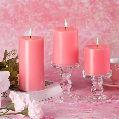 KONNI Pink Pillar Candles Set of 3, 3"x 6" Unscented Pillar Candles Bulk, 56 Hours Long Burning Candles, Smokeless&Dripless Large Round Candle for Wedding, Home Decoration, Parties, Spas, Dinner