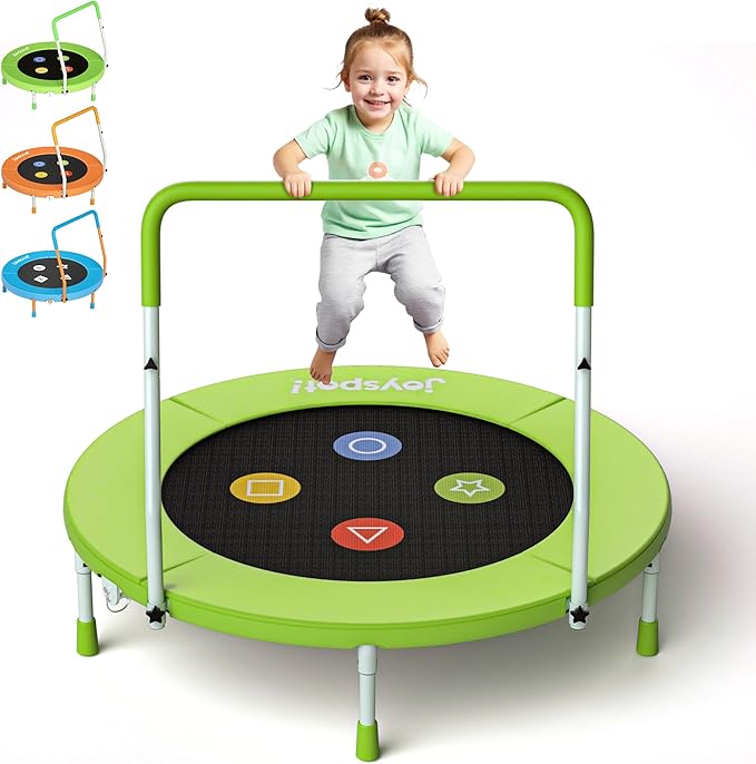 3FT Toddler Trampoline with Adjustable Handlebar, 36" Foldable & Spring-Free, Mini Kids Indoor Outdoor Trampoline for Ages 1-6, Noiseless Jumping Mat, Safe & Sturdy Design, Supports Up to 100 lbs