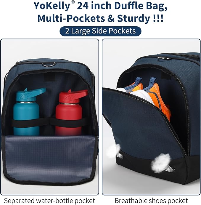 24 inch Large Gym Bag for Men - 65L Hard Bottom Duffle Bag with Shoes Compartment for Sport/Travel - Navy Blue