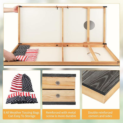 Cornhole Set, Corn Holes Outdoor Game, Regulation 2X4 Cornhole Boards, Portable Cornhole Set, Classic American Flag Cornhole Set Includes 2 Boards, 8 Cornhole Beans Bags & Carry Case