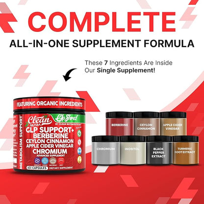 GLP1 Supplement Berberine Ceylon Cinnamon Apple Cider Vinegar Chromium Turmeric PCOS Supplements Immunity & Metabolism Support 60 Vegan Capsules by Clean Nutra