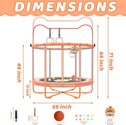 Gardenature 60" Kids Trampoline Indoor, 5ft Toddler Mini Trampoline with Basketball Hoop, Gymnastics Bar, Rings, Christmas Toys Birthday Gifts for Girls Boys Age 3-8