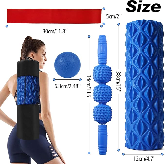 5 in 1 Foam Roller Set Trigger Point Foam Roller, Massage Roller Stick, Massage Ball, Stretching Strap for Deep Muscle Massage Pilates Yoga, Fitness Exercise for Whole Body (Blue Diamond)