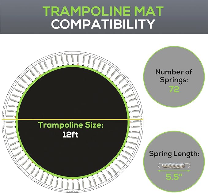 Soozier Trampoline Replacement Mat, Fits 12' Trampoline with 72 V Hooks, 5. 5" Springs, Trampoline Mat with 8 Rows of Stitching, Spring Pull Tool Spring, Frame not Included