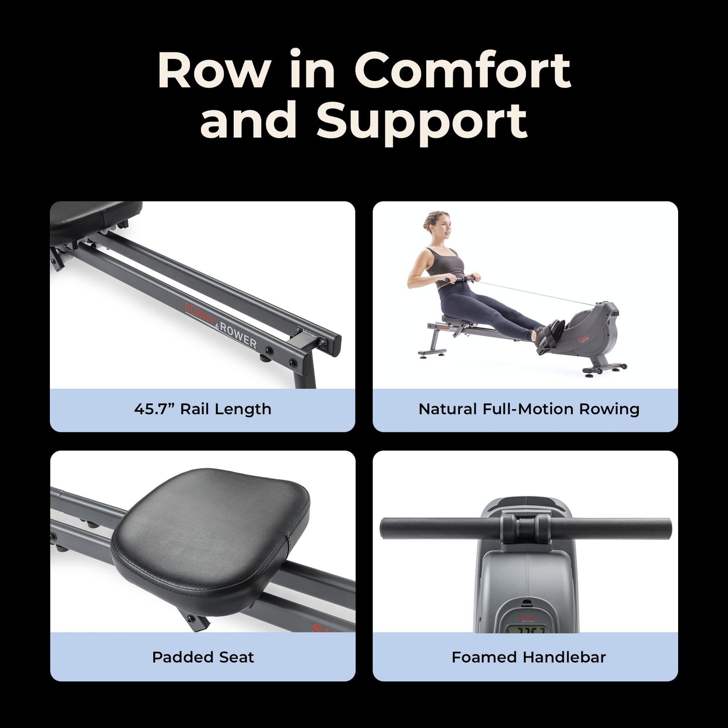 Sunny Health & Fitness Smart Magnetic Rower, Dual-Rail Home Rowing Machine