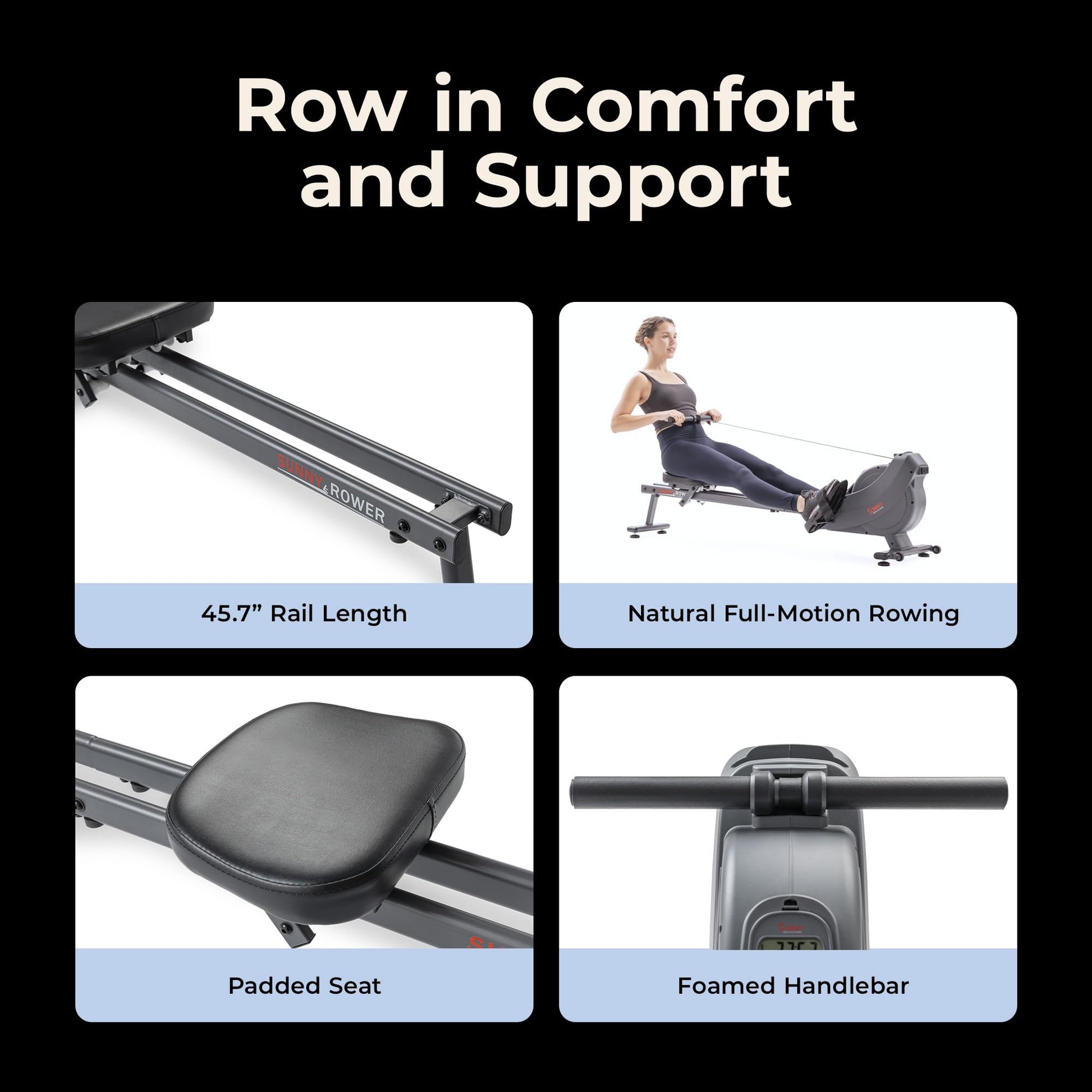 Sunny Health & Fitness Smart Magnetic Rower, Dual-Rail Home Rowing Machine