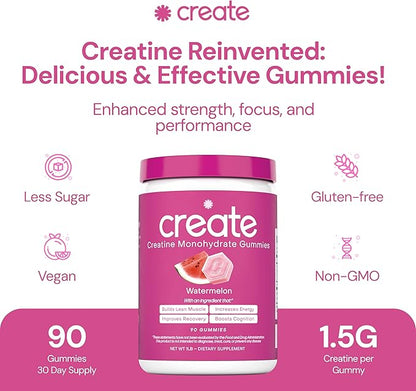 Create Creatine Monohydrate Gummies for Men & Women - Boost Focus, Strength, and Endurance, Anti-Melting Formula, Vegan, Gluten-Free, Non-GMO, 1.5 Gram Creatine per Gummy (Watermelon, 90 ct)