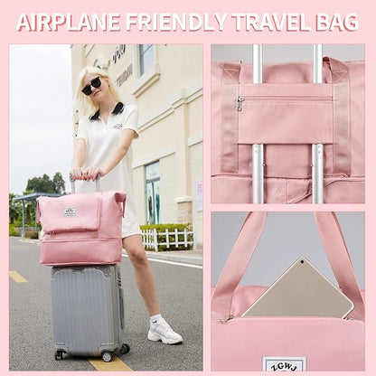 Expandable Travel Duffel Tote Bag - Foldable Overnight Weekender, Carry-On, Swim & Gym Bag - Fits Spirit Airlines Personal Item Size - Lightweight, Waterproof & Durable with Trolley Sleeve, Light Pink