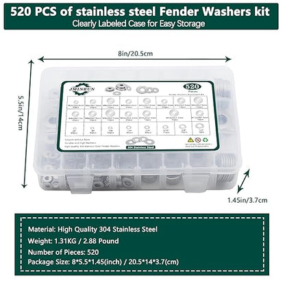 Fender Washers, 520 Pcs SAE + Metric 23 Sizes Flat Washers Assortment Set, 304 Stainless Steel Assorted Hardware Washers Kit for Bolts (M3 M4 M5 M6 M8 M10 M12 6# 8# 10# 1/4 5/16 3/8 1/2)
